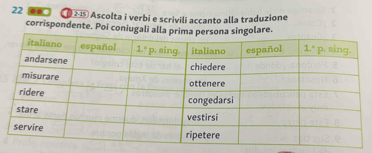 22  2-15 Ascolta i verbi e scrivili accanto alla traduzione
corrispondente. Poi coniugali aare.