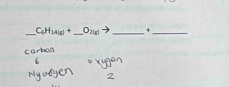 C_6H_14(g)+ _ O_2(g) _ 
_+