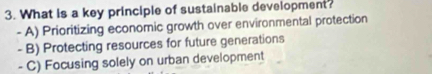 What is a key principle of sustainable development?
- A) Prioritizing economic growth over environmental protection
- B) Protecting resources for future generations
- C) Focusing solely on urban development