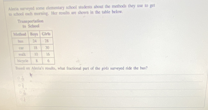 Alecia surveyed some elementary school students about the methods they use to get
to school each morning. Her results are shown in the table below.
Transportation
to School
Based on Alecia's results, what fractional part of the girls surveyed ride the bus?
 7/13 
 2/5 
 7/20 
 1/5 