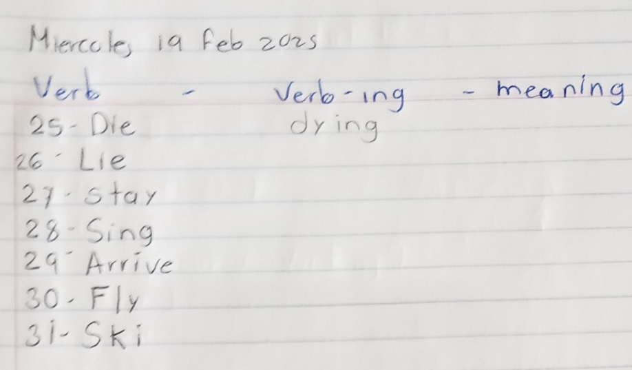 Mierccle, ia feb 2025 
Verb 
Verb-ing - meaning
25 -Die dying
26 'Lie
27 stay
28 -Sing
29 Arrive 
30. Fly 
3i-Ski