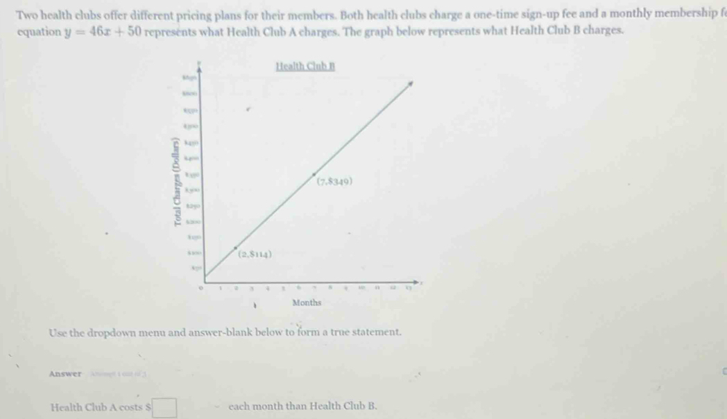 Two health clubs offer different pricing plans for their members. Both health clubs charge a one-time sign-up fee and a monthly membership f
equation y=46x+50 represents what Health Club A charges. The graph below represents what Health Club B charges.
Use the dropdown menu and answer-blank below to form a true statement.
Answer  Anongt t one o 
Health Club A costs $ (-3=∠ 4=∠ 3=3)=30° each month than Health Club B.
□