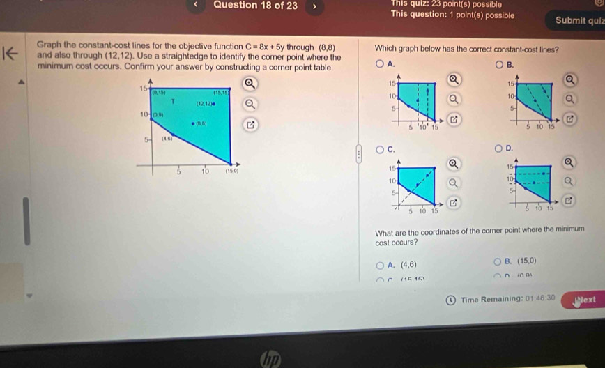 This quiz: 23 point(s) possible
Question 18 of 23 This question: 1 point(s) possible Submit qui
Graph the constant-cost lines for the objective function C=8x+5y through (8,8) Which graph below has the correct constant-cost lines?
and also through (12,12). Use a straightedge to identify the corner point where the
minimum cost occurs. Confirm your answer by constructing a corner point table. A.
B.
z

C.
D.
What are the coordinates of the corner point where the minimum
cost occurs?
A. (4,6)
B. (15,0)
(16 16) ^ i a)
Time Remaining: 01 46:30 Next