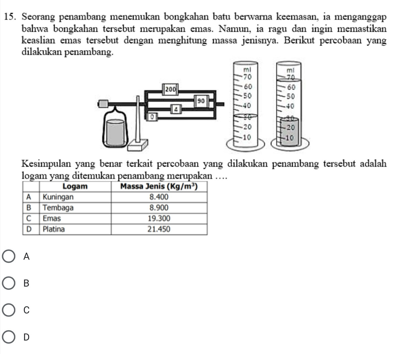 Seorang penambang menemukan bongkahan batu berwarna keemasan, ia menganggap
bahwa bongkahan tersebut merupakan emas. Namun, ia ragu dan ingin memastikan
keaslian emas tersebut dengan menghitung massa jenisnya. Berikut percobaan yang
dilakukan penambang.
Kesimpulan yang benar terkait percobaan yang dilakukan penambang tersebut adalah
logam yang ditemukan penambang merupakan …
A
B
C
D