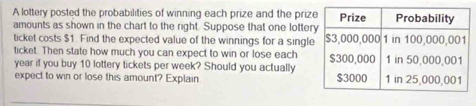 A lottery posted the probabilities of winning each prize and the priz 
amounts as shown in the chart to the right. Suppose that one lotter 
ticket costs $1. Find the expected value of the winnings for a single 
ticket. Then state how much you can expect to win or lose each
year if you buy 10 lottery tickets per week? Should you actually 
expect to win or lose this amount? Explain