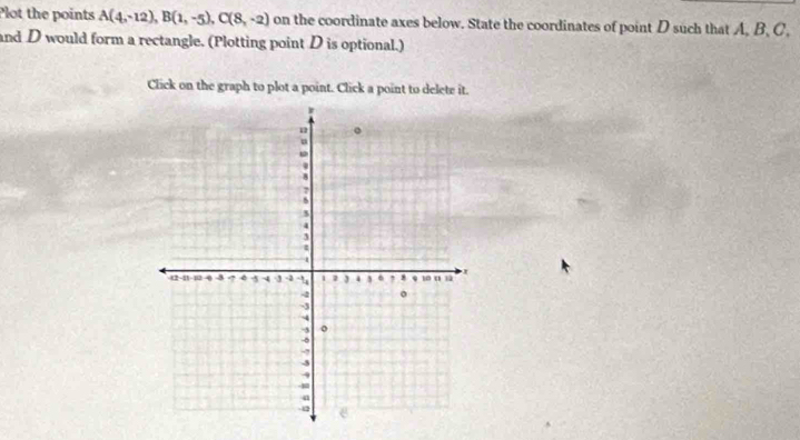 Plot the points A(4,-12), B(1,-5), C(8,-2) on the coordinate axes below. State the coordinates of point D such that A, B 、 C, 
and D would form a rectangle. (Plotting point D is optional.) 
Click on the graph to plot a point. Click a point to delete it.