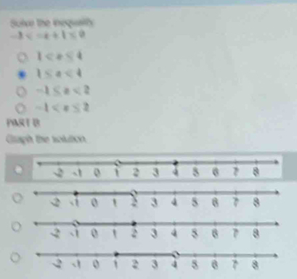 Sulve the inequalty
-1 <0</tex>
1 <4</tex>
1≤ a<4</tex>
-1≤ a<2</tex>
-1
PART
Glagh the solution.
.