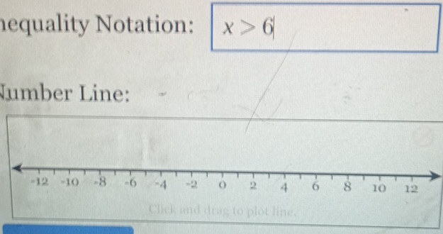 nequality Notation: x>6
Number Line: