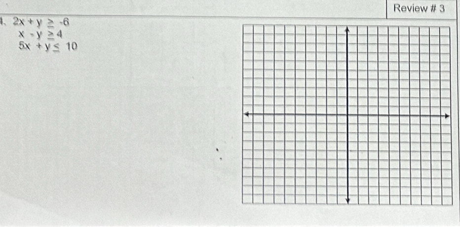 Review # 3
4. 2x+y≥ -6
x-y≥ 4
5x+y≤ 10
`