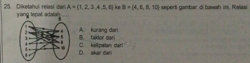 Diketahui relasi dari A= 1,2,3,4,5,6 ke B= 4,6,8,10 seperti gambar di bawah ini. Relasi
yang tepat adalah ....
A. kurang dari
B. faktor dari
C. kelipatan darl
D. akar dari