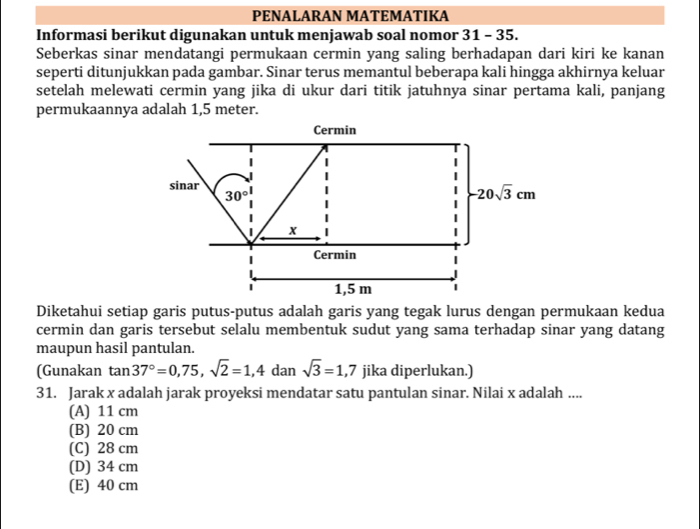 PENALARAN MATEMATIKA
Informasi berikut digunakan untuk menjawab soal nomor 31 - 35.
Seberkas sinar mendatangi permukaan cermin yang saling berhadapan dari kiri ke kanan
seperti ditunjukkan pada gambar. Sinar terus memantul beberapa kali hingga akhirnya keluar
setelah melewati cermin yang jika di ukur dari titik jatuhnya sinar pertama kali, panjang
permukaannya adalah 1,5 meter.
Diketahui setiap garis putus-putus adalah garis yang tegak lurus dengan permukaan kedua
cermin dan garis tersebut selalu membentuk sudut yang sama terhadap sinar yang datang
maupun hasil pantulan.
(Gunakan tan 37°=0,75,sqrt(2)=1,4 dan sqrt(3)=1,7 jika diperlukan.)
31. Jarak x adalah jarak proyeksi mendatar satu pantulan sinar. Nilai x adalah ....
(A) 11 cm
(B) 20 cm
(C) 28 cm
(D) 34 cm
(E) 40 cm