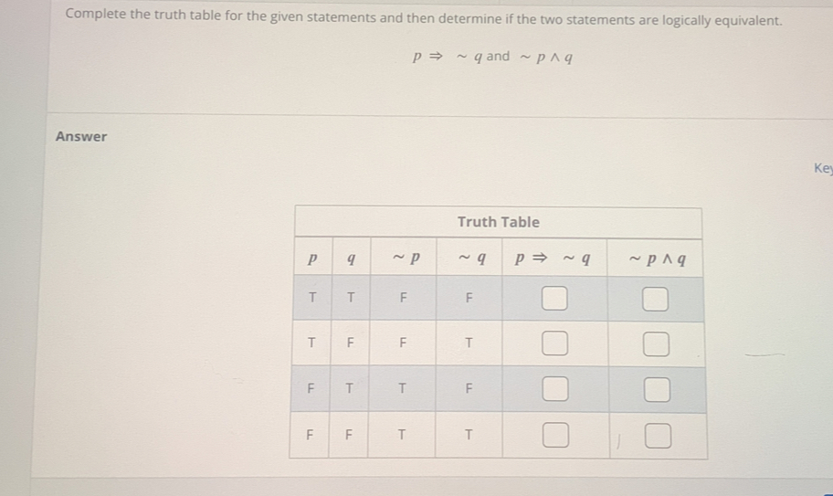 Complete the truth table for the given statements and then determine if the two statements are logically equivalent.
pRightarrow sim q and sim pwedge q
Answer
Ke