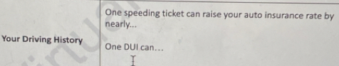 One speeding ticket can raise your auto insurance rate by 
nearly... 
Your Driving History One DUI can...