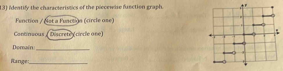 Identify the characteristics of the piecewise function graph. 
Function / Not a Function (circle one) 
Continuous ( Discrete (circle one) 
Domain:_ 
Range:_