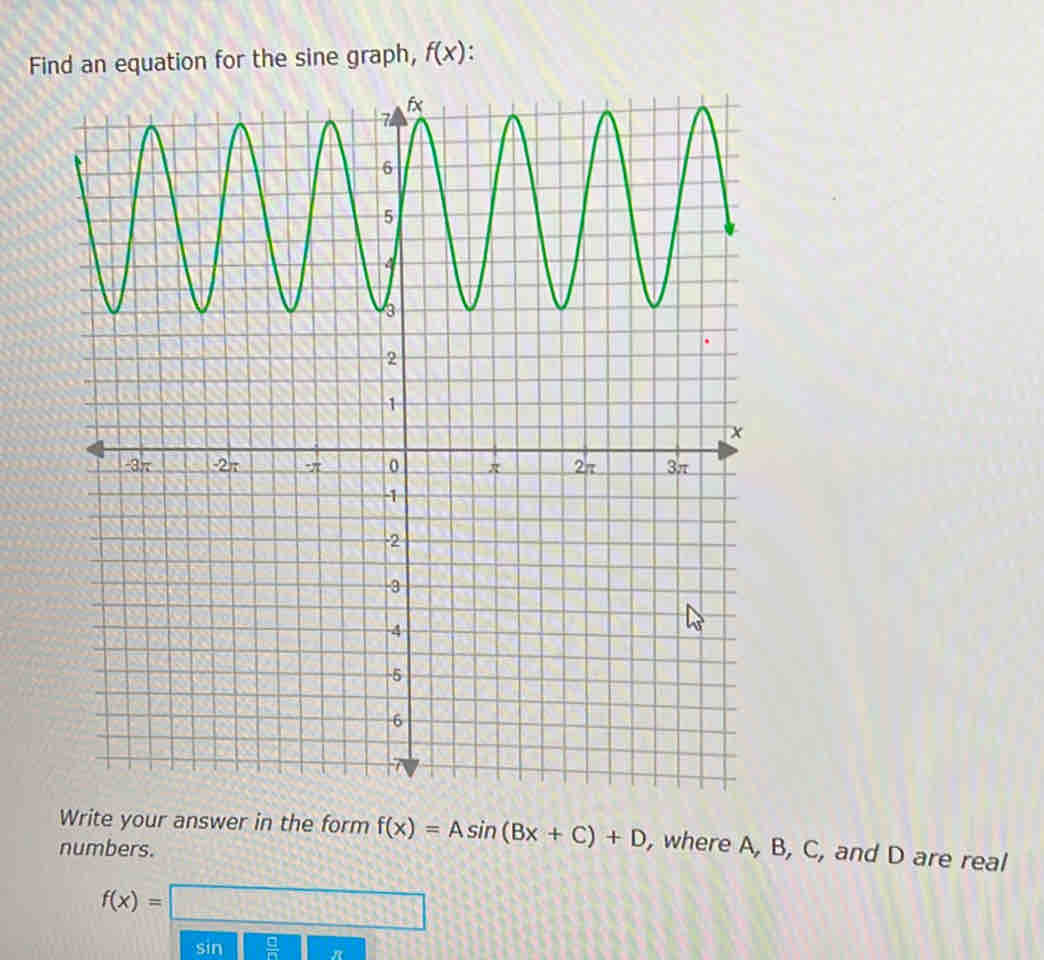 Find an equation for the sine graph, f(x) : 
Write your answer in the form f(x)=Asin (Bx+C)+D , where A, B, C, and D are real 
numbers.
f(x)=□
sin  □ /□   π