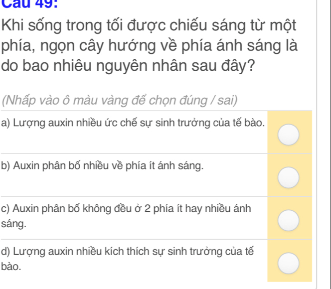 Khi sống trong tối được chiếu sáng từ một
phía, ngọn cây hướng về phía ánh sáng là
do bao nhiêu nguyên nhân sau đây?
(Nhấp vào ô màu vàng để chọn đúng / sai)
a) Lượng auxin nhiều ức chế sự sinh trưởng của tế bào.
b) Auxin phân bố nhiều về phía ít ánh sáng.
c) Auxin phân bố không đều ở 2 phía ít hay nhiều ánh
sáng.
d) Lượng auxin nhiều kích thích sự sinh trưởng của tế
bào.