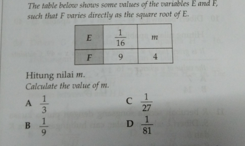 The table below shows some values of the variables E and F,
such that F varies directly as the square root of E.
Hitung nilai m.
Calculate the value of m.
A  1/3 
C  1/27 
B  1/9 
D  1/81 