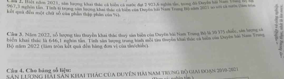 Cầu 2. Biết năm 2021, sản lượng khai thác cá biển cả nước đạt 2 923, 6 nghin tần, trong đó Duyện hải Nam Trung vọ đại
967, 3 nghìn tấn. Tính tị trọng sản lượng khai thác cá biển của Duyên hải Nam Trung Bộ năm 2021 so với cá nước (làm tròn 
kết quả đến một chữ số của phần thập phân của %). 
Câu 3. Năm 2022, số lượng tàu thuyền khai thác thuỷ sản biển của Duyên hải Nam Trung Bộ là 30 375 chiếc, sản lượng cá 
biển khai thác là 646, 1 nghìn tấn. Tính sản lượng trung bình mỗi tàu thuyền khai thác cá biển của Duyên hải Nam Trung 
Bộ năm 2022 (làm tròn kết quả đến hàng đơn vị của tấn/chiếc). 
Câu 4. Cho bảng số liệu: 
SảN LượnG HAI Sân KhAI tHác Của DUYÊN HảI NAm trunG bộ giai đoẠn 2010-2021