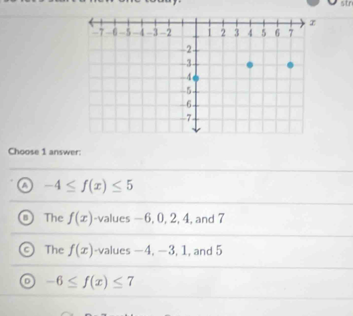 str
Choose 1 answer:
-4≤ f(x)≤ 5
The f(x) -values −6, 0, 2, 4, and 7
The f(x) -values −4, −3, 1, and 5
D -6≤ f(x)≤ 7