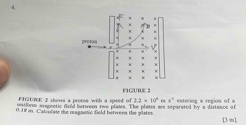 FIGURE 2 
FIGURE 2 shows a proton with a speed of 2.2* 10^6ms^(-1) entering a region of a 
uniform magnetic field between two plates. The plates are separated by a distance of
0.18 m. Calculate the magnetic field between the plates. 
[3 m]