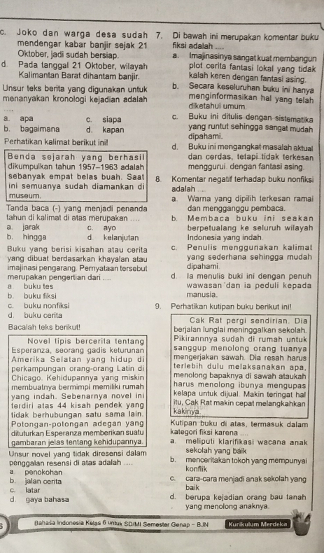 Joko dan warga desa sudah 7. Di bawah ini merupakan komentar buku
mendengar kabar banjir sejak 21 fiksi adalah ....
Oktober, jadi sudah bersiap. a. Imajinasinya sangat kuat membangun
plot cerita fantasi lokal yang tidak
d. Pada tanggal 21 Oktober, wilayah kalah keren dengan fantasi asing.
Kalimantan Barat dihantam banjir.
Unsur teks berita yang digunakan untuk b. Secara keseluruhan buku ini hanya
menanyakan kronologi kejadian adalah menginformasikan hal yang telah
diketahui umum
a. apa c. siapa c. Buku ini ditulis dengan sistematika
b. bagaimana d. kapan yang runtut sehingga sangat mudah
dipahami.
Perhatikan kalimat berikut ini! d. Buku ini mengangkat masalah aktual
Benda sejarah yang berhasil dan cerdas, tetapi tidak terkesan
dikumpulkan tahun 1957-1963 adalah menggurui. dengan fantasi asing.
sebanyak empat belas buah. Saat 8. Komentar negatif terhadap buku nonfiksi
ini semuanya sudah diamankan di adalah
museum. a. Warna yang dipilih terkesan ramai
Tanda baca (-) yang menjadi penanda dan mengganggu pembaca.
tahun di kalimat di atas merupakan ... b. Membaca buku ini seakan
a jarak c. ayo berpetualang ke seluruh wilayah
b. hingga d kelanjutan Indonesia yang indah
Buku yang berisi kisahan atau cerita c. Penulis menggunakan kalimat
yang dibuat berdasarkan khayalan atau yang sederhana sehingga mudah 
imajinasi pengarang. Pemyataan tersebut dipahami
merupakan pengertian dari .... d. Ia menulis buki ini dengan penuh
a buku tes wawasan dan ia peduli kepada
b. buku fiksi manusia.
c. buku nonfiksi 9. Perhatikan kutipan buku berikut ini!
d. buku cerita Cak Rat pergi sendirian. Dia
Bacalah teks berikut! berjalan lunglai meninggalkan sekolah.
Novel tipis bercerita tentang Pikirannnya sudah di rumah untuk
Esperanza, seorang gadis keturunan sanggup menolong orang tuanya
Amerika Selatan yang hidup di mengerjakan sawah. Dia resah harus
perkampungan orang-orang Latin di terlebih dulu melaksanakan apa.
menolong bapaknya di sawah ataukah
Chicago. Kehidupannya yang miskin harus menolong ibunya mengupas 
membuatnya bermimpi memiliki rumah
yang indah. Sebenarnya novel in kelapa untuk dijual. Makin teringat hal
terdiri atas 44 kisah pendek yang kakinya itu, Cak Rat makin cepat melangkahkan
tidak berhubungan satu sama lain.  Kutipan buku di atas, termasuk dalam
Potongan-potongan adegan yang kategori fiksi karena     
dituturkan Esperanza memberikan suatu
gambaran jelas tentang kehidupannya. a. meliputi klarifikasi wacana anak
sekolah yang baik
Unsur novel yang tidak diresensi dalam b. menceritakan tokoh yang mempunyai
penggalan resensi di atas adalah .... konflik
a penokohan
b. jalan cerita c. cara-cara menjadi anak sekolah yang
c. latar baik
d gaya bahasa d. berupa kejadian orang bau tanah
yang menolong anaknya.
Bahaśa Indonesia Kelas 6 untuk SD/MI Semester Genap - BJN Kurikulum Merdeka