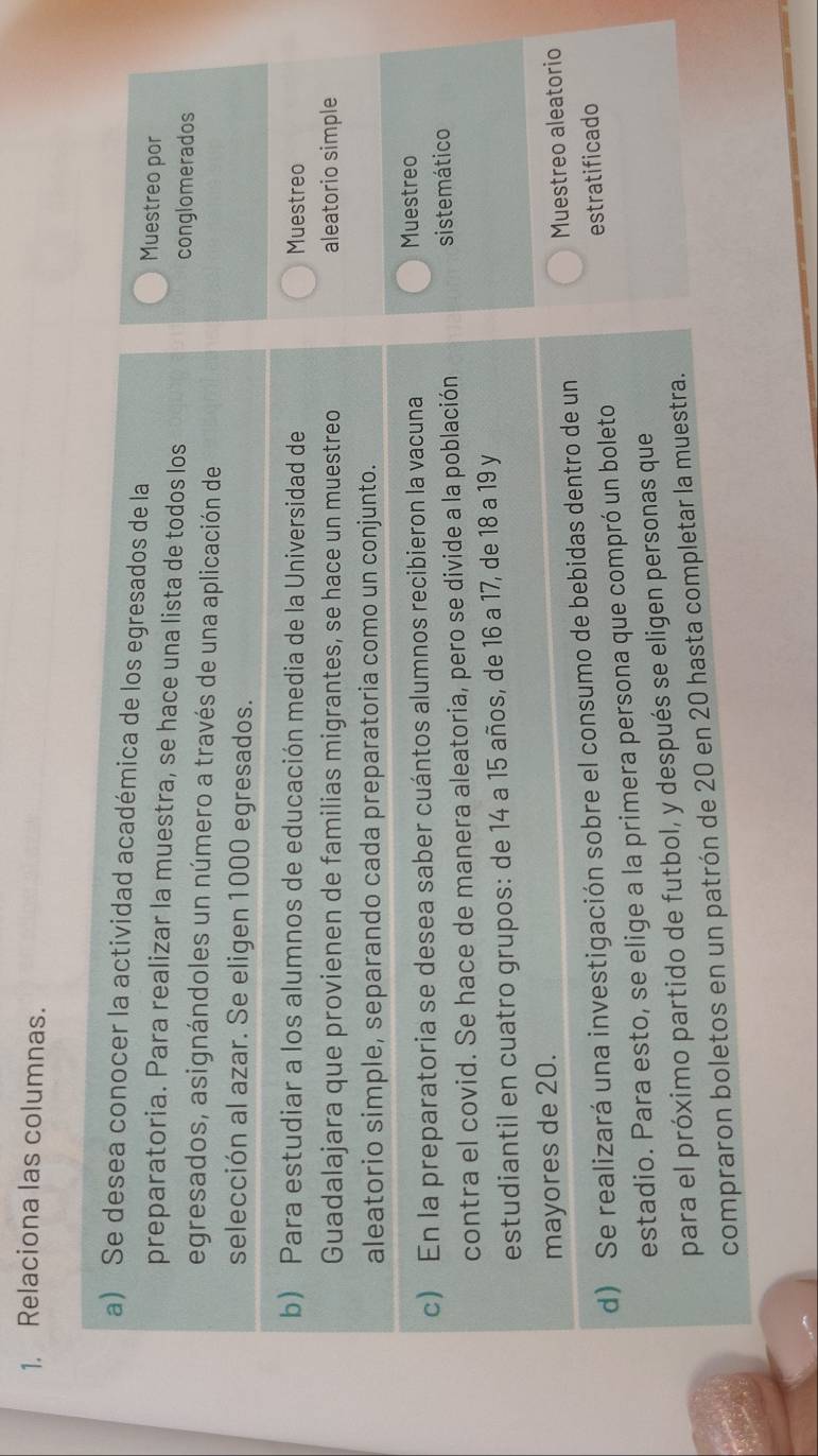 Relaciona las columnas. 
a) Se desea conocer la actividad académica de los egresados de la Muestreo por 
preparatoria. Para realizar la muestra, se hace una lista de todos los 
conglomerados 
egresados, asignándoles un número a través de una aplicación de 
selección al azar. Se eligen 1000 egresados. 
b) Para estudiar a los alumnos de educación media de la Universidad de Muestreo 
Guadalajara que provienen de familias migrantes, se hace un muestreo aleatorio simple 
aleatorio simple, separando cada preparatoria como un conjunto. 
c) En la preparatoria se desea saber cuántos alumnos recibieron la vacuna Muestreo 
contra el covid. Se hace de manera aleatoria, pero se divide a la población sistemático 
estudiantil en cuatro grupos: de 14 a 15 años, de 16 a 17, de 18 a 19 y 
mayores de 20. 
d) Se realizará una investigación sobre el consumo de bebidas dentro de un Muestreo aleatorio 
estadio. Para esto, se elige a la primera persona que compró un boleto estratificado 
para el próximo partido de futbol, y después se eligen personas que 
compraron boletos en un patrón de 20 en 20 hasta completar la muestra.