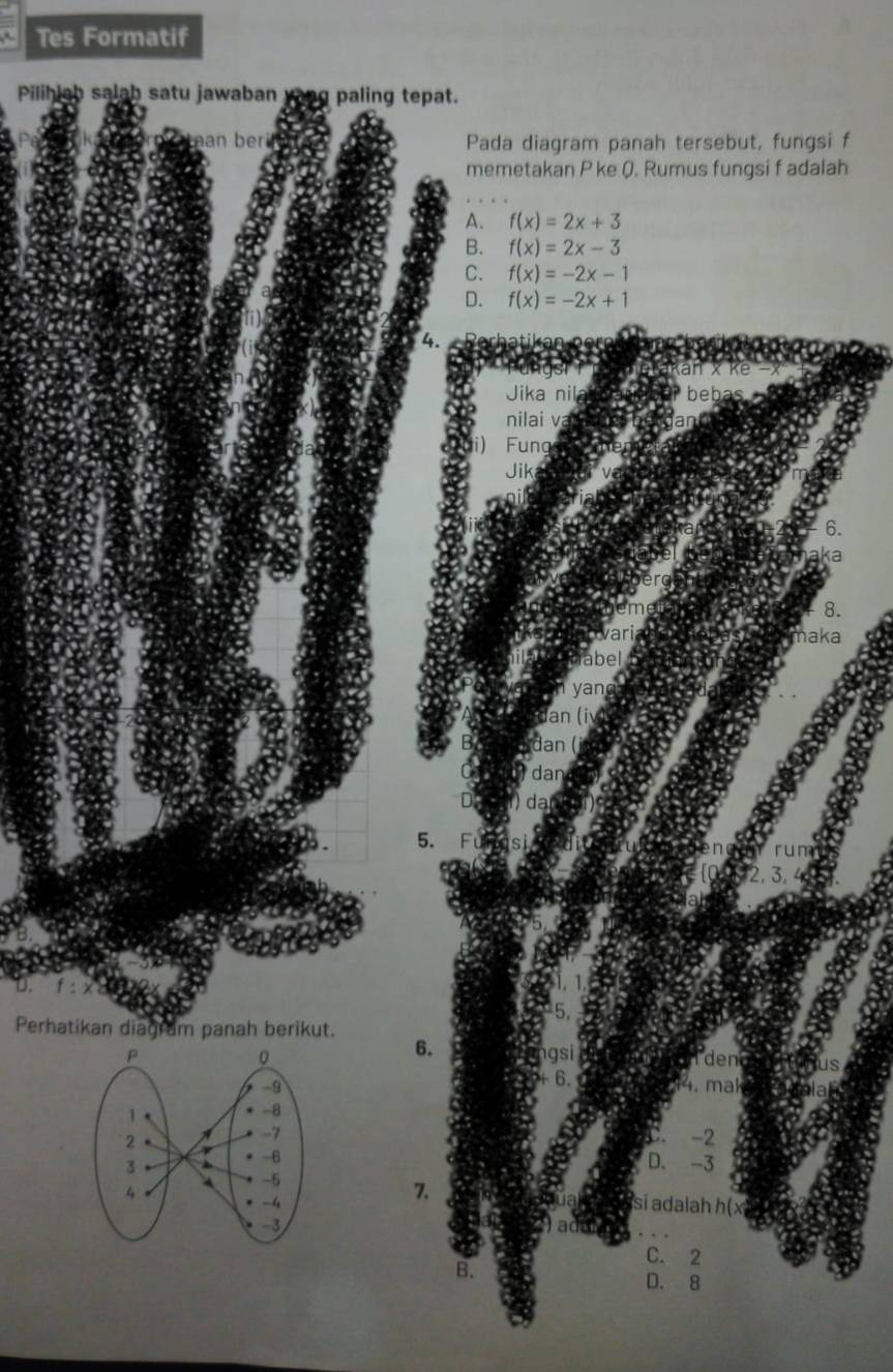 Tes Formatif
Pilihiah salah satu jawaban yang paling tepat.
an ber Pada diagram panah tersebut, fungsi f
memetakan P ke (). Rumus fungsi f adalah
A. f(x)=2x+3
B. f(x)=2x-3
C. f(x)=-2x-1
D. f(x)=-2x+1
4.
Jika nila
nilai va an
Fungs
Jik
6.
a
8.
haka
abel
yan
5.
D.
5
Perhatikan diagram panah berikut. 6. gsi
idend
6.
mak
-2
D.
-3
7.
si adalah h(x
C. 2
B.
D. 8