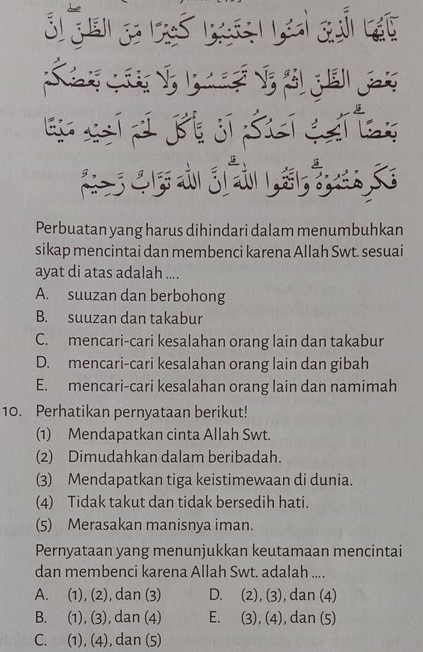 Perbuatan yang harus dihindari dalam menumbuhkan
sikap mencintai dan membenci karena Allah Swt. sesuai
ayat di atas adalah ....
A. suuzan dan berbohong
B. suuzan dan takabur
C. mencari-cari kesalahan orang lain dan takabur
D. mencari-cari kesalahan orang lain dan gibah
E. mencari-cari kesalahan orang lain dan namimah
10. Perhatikan pernyataan berikut!
(1) Mendapatkan cinta Allah Swt.
(2) Dimudahkan dalam beribadah.
(3) Mendapatkan tiga keistimewaan di dunia.
(4) Tidak takut dan tidak bersedih hati.
(5) Merasakan manisnya iman.
Pernyataan yang menunjukkan keutamaan mencintai
dan membenci karena Allah Swt. adalah ....
A. (1), (2), dan (3) D. (2), (3), dan (4)
B. (1), (3), dan (4) E. (3), (4), dan (5)
C. (1), (4), dan (5)