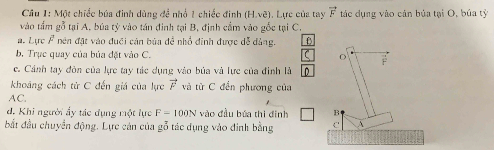 Một chiếc búa đinh dùng đề nhổ 1 chiếc đinh (H.voverline e). Lực của tay vector F tác dụng vào cán búa tại O, búa tỳ 
vào tấm gỗ tại A, búa tỳ vào tán đinh tại B, định cắm vào gốc tại C. 
a. Lực F nên đặt vào đuôi cán búa đề nhồ đinh được dễ dàng. D
b. Trục quay của búa đặt vào C. o F
c. Cánh tay đòn của lực tay tác dụng vào búa và lực của đinh là 
khoảng cách từ C đến giá của lực vector F và từ C đến phương của
AC. 
d. Khi người ấy tác dụng một lực F=100N vào đầu búa thì đinh B 
bắt đầu chuyển động. Lực cản của gỗ tác dụng vào đinh bằng 
C A