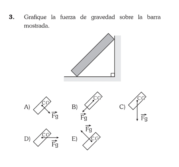 Grafique la fuerza de gravedad sobre la barra
mostrada.
CG
A)
B)
C)

vector Fg
vector Fg
D)
E) CG