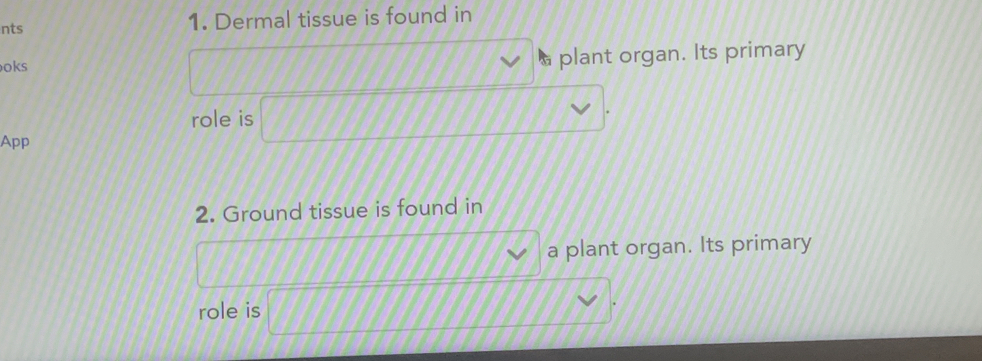 nts 1. Dermal tissue is found in 
oks plant organ. Its primary 
role is 
App 
2. Ground tissue is found in 
a plant organ. Its primary 
role is