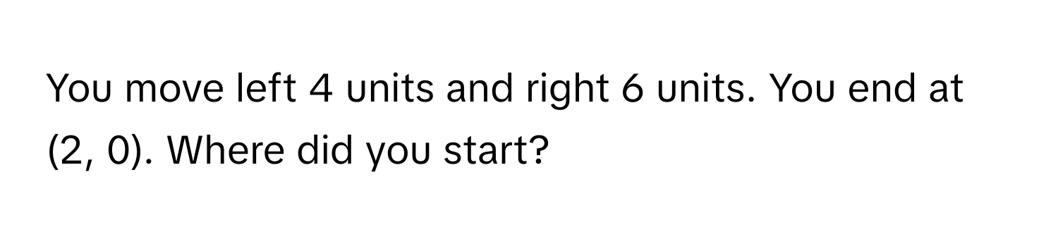 You move left 4 units and right 6 units. You end at (2, 0). Where did you start?