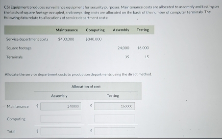 CSI Equipment produces surveillance equipment for security purposes. Maintenance costs are allocated to assembly and testing on 
the basis of square footage occupied, and computing costs are allocated on the basis of the number of computer terminals. The 
following data relate to allocations of service department costs: 
Allocate the service department costs to production departments using the direct method. 
Allocation of cost 
Assembly Testing 
Maintenance $ 240000 $ 160000
Computing 
Total s