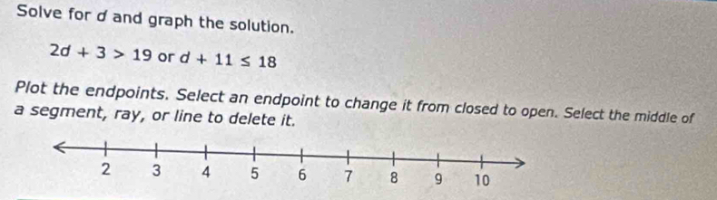 Solve for d and graph the solution.
2d+3>19 or d+11≤ 18
Plot the endpoints. Select an endpoint to change it from closed to open. Select the middle of 
a segment, ray, or line to delete it.