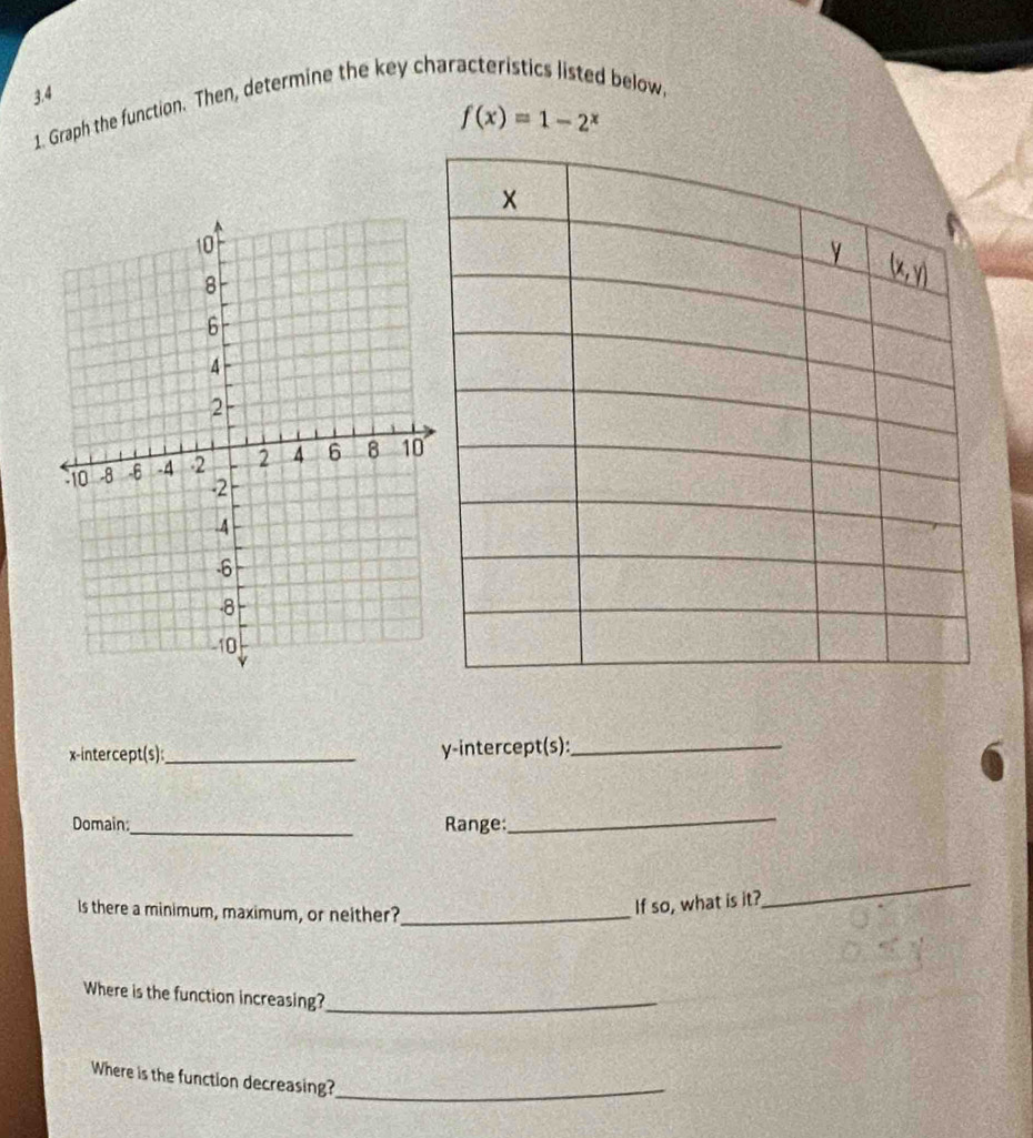 3.4 
1. Graph the function. Then, determine the key characteristics listed below,
f(x)=1-2^x
x-intercept(s):_ y-intercept(s):_ 
Domain:_ Range: 
_ 
ls there a minimum, maximum, or neither?_ 
If so, what is it? 
_ 
Where is the function increasing?_ 
Where is the function decreasing?_