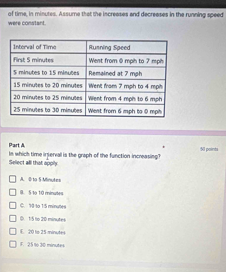 of time, in minutes. Assume that the increases and decreases in the running speed
were constant.
Part A
50 points
In which time interval is the graph of the function increasing?
Select all that apply.
A. 0 to 5 Minutes
B. 5 to 10 minutes
C. 10 to 15 minutes
D. 15 to 20 minutes
E. 20 to 25 minutes
F. 25 to 30 minutes