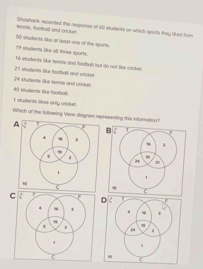 Shashank recorded the response of 60 students on which sports they liked from
tennis, football and cricket.
50 students like at least one of the sports.
19 students like all three sports.
16 students like tennis and football but do not like cricket.
21 students like football and cricket.
24 students like tennis and cricket.
40 students like football.
1 students likes only cricket.
Which of the following Venn diagram representing this information?
A
C