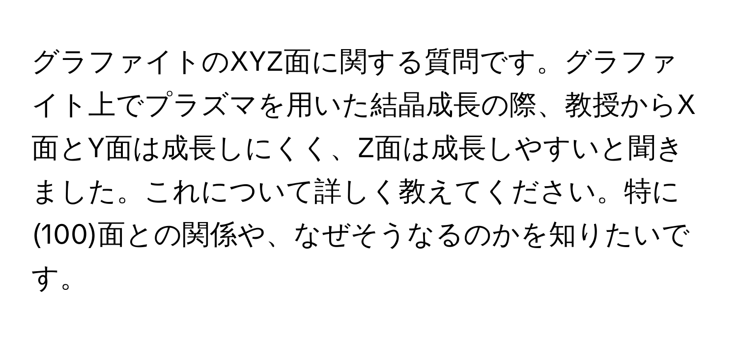 グラファイトのXYZ面に関する質問です。グラファイト上でプラズマを用いた結晶成長の際、教授からX面とY面は成長しにくく、Z面は成長しやすいと聞きました。これについて詳しく教えてください。特に(100)面との関係や、なぜそうなるのかを知りたいです。