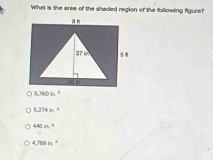 What is the area of the shaded region of the following figure?
5,274in.^2
446in^2
4,788in^2