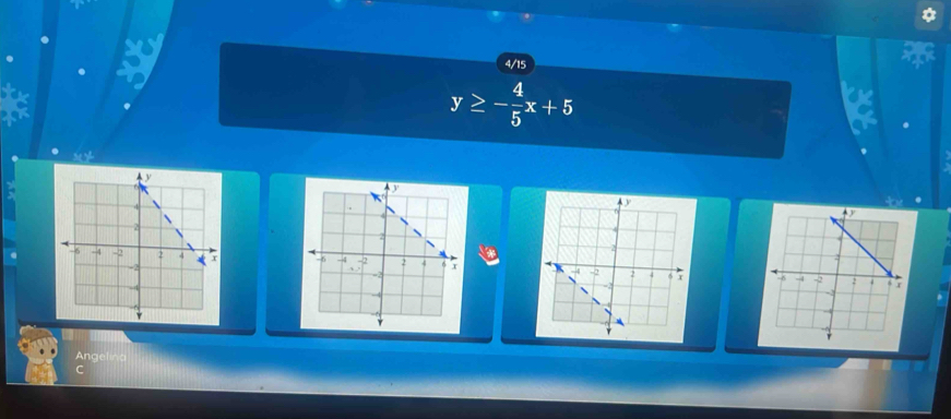 4/15
y≥ - 4/5 x+5

Angeling
