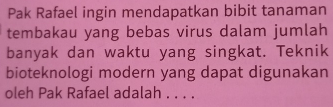 Pak Rafael ingin mendapatkan bibit tanaman 
tembakau yang bebas virus dalam jumlah 
banyak dan waktu yang singkat. Teknik 
bioteknologi modern yang dapat digunakan 
oleh Pak Rafael adalah . . . .