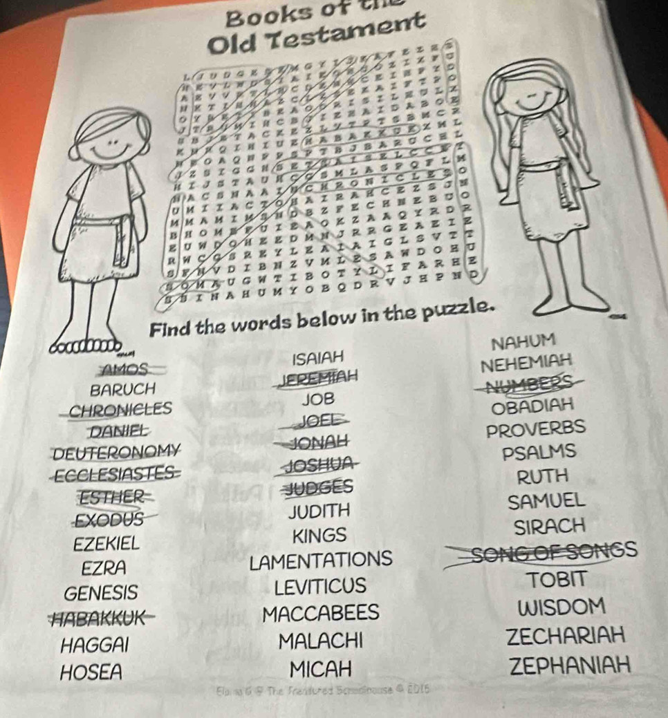 Books of th 
Old Testament 
z z 2 
I 
z τ 
L 
Ar g y L D a Are a wss D z 
D 
LMecei 。 
z 7 z 
L 
A 
y a srch N 
0 B 4 X B R A of 
A B 
I τ a e 
u B btacke w I HC B WiENAID 
z 
HABA E X UE Z 
u n e C B 
g 0 A Q " SPт ВJBARU ? 
a z s x “ ““ S ε ？ 〖 A？ S E L C 
C 1 
h t s AUH CGS M L AS ？ QF L 
NA C SN A A 1 Nchronicle 
3 。 
D 
U M I IAC a HAZRAHCZS 
y 
M M Ä M I½ N D в Z F Z с иΝ B 
I z 
B H O M M P UΙεAO KZAAQYRD 
? ? 
g u w D Q H Ε E D M N J R R G Z A Z 
H 
R W c a SR R Y LEAIAIG L SV 
z 
sy V D I B N Z V M L E S AW D 。 
nò M au gwtiboτ y L I F A R H 
BÍ ina hu m y o B 2 D R v J g P N D 
Find the words below in the puzzle. 
cocdocds NAHUM 

AMOS ISAIAH 
BARUCH EREMAH NEHEMIAH 
NUMBERS 
CHRONICLES JOB 
DANIFL JOEL OBADIAH 
DEUTERONOMY JONAH PROVERBS 
ECCLESIASTES JOSHUA PSALMS 
ESTHER JUDGES RUTH 
EXODUS JUDITH SAMUEL 
EZEKIEL KINGS SIRACH 
EZRA LAMENTATIONS SONG OF SONGS 
GENESIS LEVITICUS TOBIT 
HABAKKUK MACCABEES WISDOM 
HAGGAI MALACHI ZECHARIAH 
HOSEA MICAH ZEPHANIAH 
Elama 6 & The Frandufed Scmaninouse & 2016