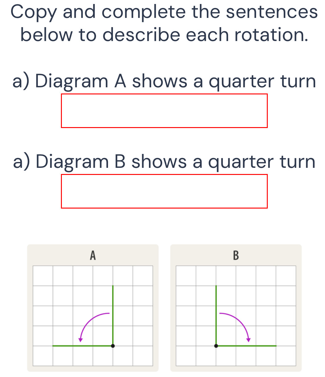 Solved: Copy and complete the sentences below to describe each rotation ...