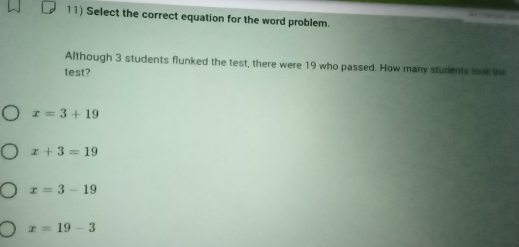 Solved: Select the correct equation for the word problem. Although 3 ...