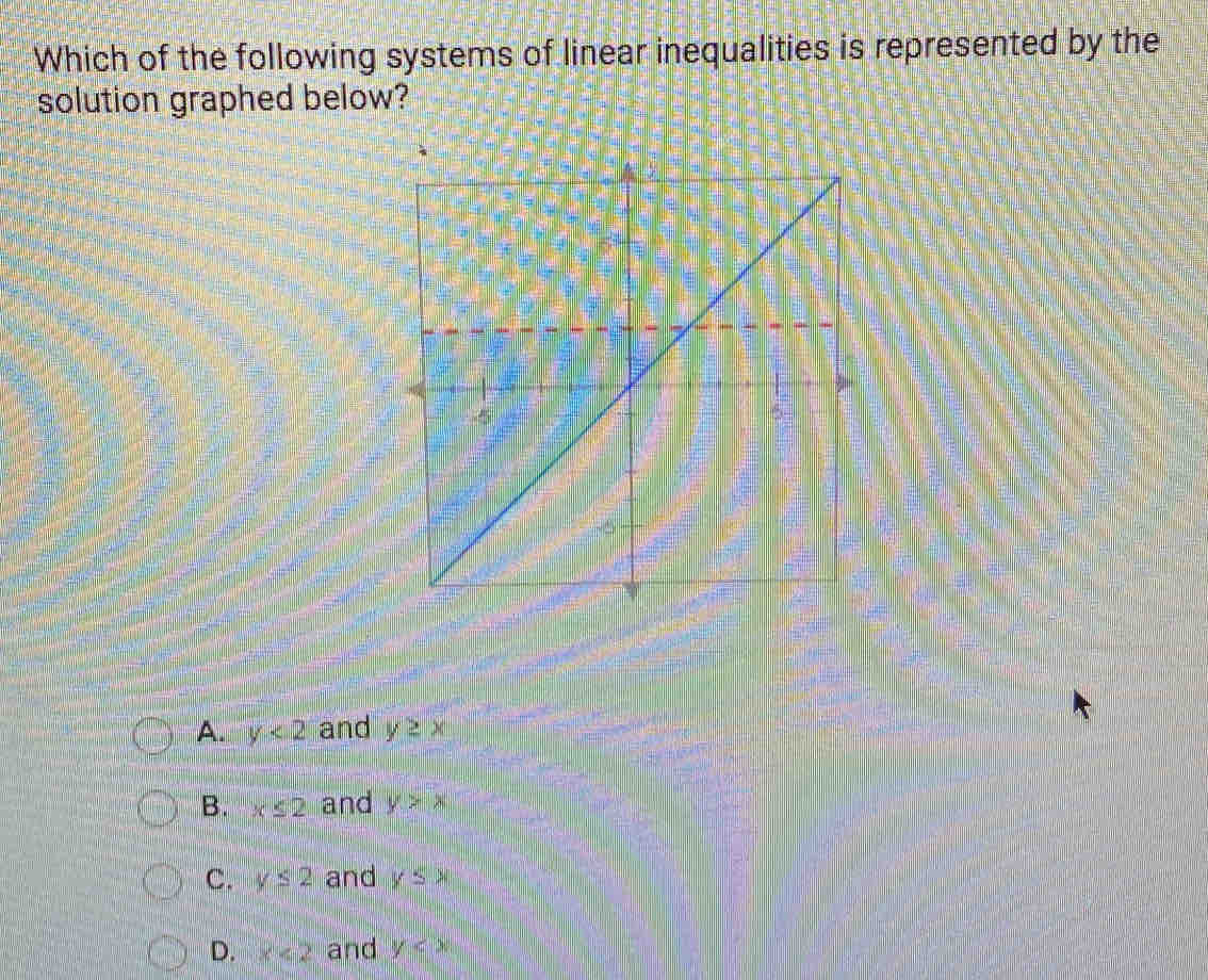 Which of the following systems of linear inequalities is represented by the
solution graphed below?
A. y<2</tex> and y≥ x
B. x≤ 2 and y>x
C. y≤ 2 and y≤ x
D. x<2</tex> and y