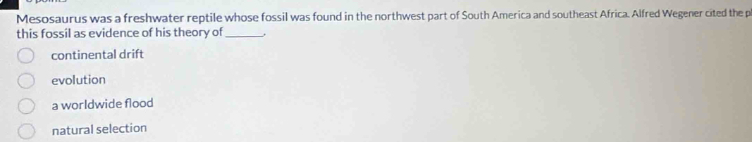 Mesosaurus was a freshwater reptile whose fossil was found in the northwest part of South America and southeast Africa. Alfred Wegener cited the p
this fossil as evidence of his theory of_
continental drift
evolution
a worldwide flood
natural selection