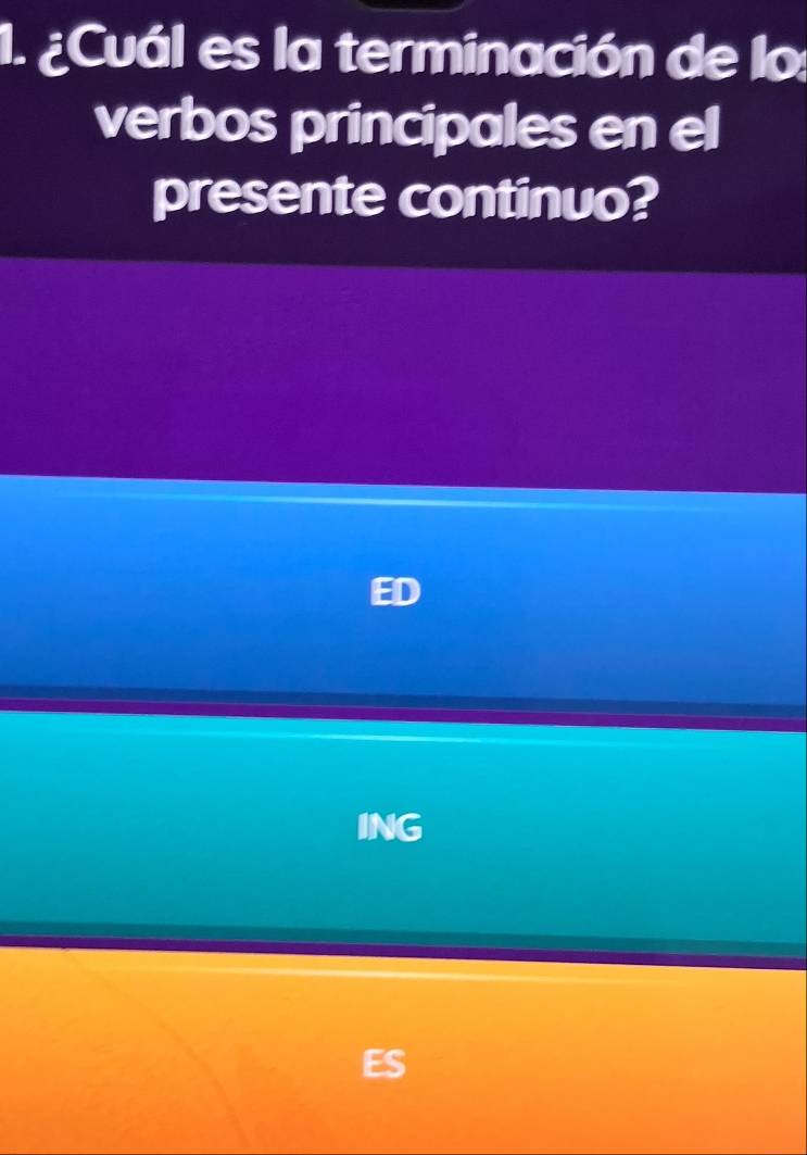 ¿Cuál es la terminación de los 
verbos principales en el 
presente continuo? 
ING