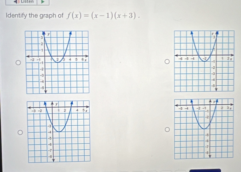 Listen 
Identify the graph of f(x)=(x-1)(x+3).