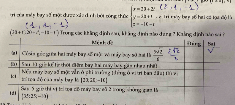 trí của máy bay số một được xác định bởi công thức beginarrayl x=20+2t y=20+t z=-10-tendarray. , vị trí máy bay số hai có tọa độ là
(30+t';20+t';-10-t') Trong các khẳng định sau, khẳng định nào đúng ? Khẳng định nào sai ?