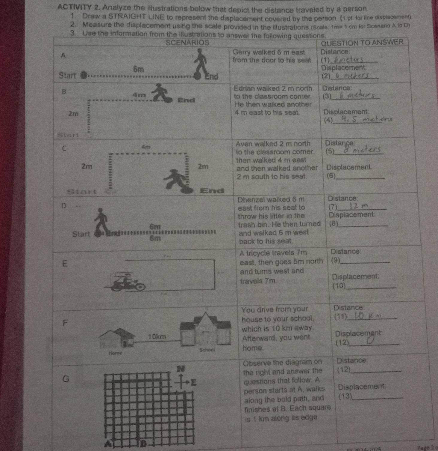 ACTIVITY 2. Analyze the illustrations below that depict the distance traveled by a person 
1. Draw a STRAIGHT LINE to represent the displacement covered by the person. (1 pt. for line displacement) 
Page 2 0